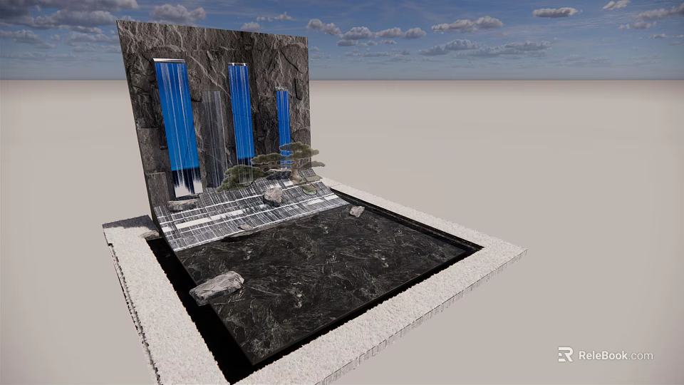Modern Outdoor Landscape Wall With Dark Stone Blue Accents Water Pool Stones And Plants 3d model 