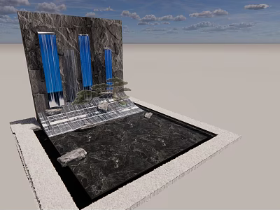 Modern Outdoor Landscape Wall With Dark Stone Blue Accents Water Pool Stones And Plants 3d model