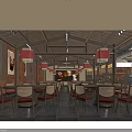 Traditional Chinese Restaurant Interior With Wooden Ceiling Red Lanterns And Dining Tables Chairs