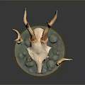 Detailed Deer Skull Antler Sculpture With Green Base And Artistic Design
