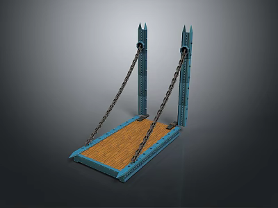 Detailed Small Bridge Model With Blue Structural Design Wooden Deck And Chain Links 3d model