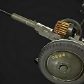 Military Artillery Gun With Long Barrel Metal Wheels And Stand On Dark Background