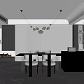 Minimalist Modern Restaurant Interior Featuring Spherical Chandelier Dining Table And Fireplace 3d model