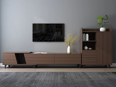 Modern Wooden TV Stand with Wall Mounted TV and Bookshelf Cabinet in Minimalist Living Room 3d model