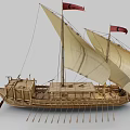 Detailed Wooden Sailing Ship Model With Canvas Sail And Carved Wooden Oars