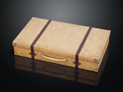 Vintage Beige Suitcase with Dark Brown Straps Hardboard Material Leather Handle on Black Reflective Background 3d model