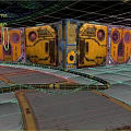 Sci Fi Style Futuristic Cartoon Scene With Yellow Machines Round Windows And Black Cables