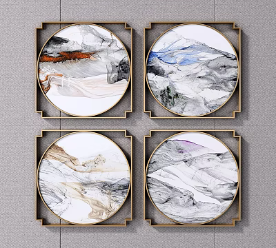 Four Circular Ink Wash Landscape Paintings With Golden Frames Hung On Gray Wall For Modern Home Decor 3d model