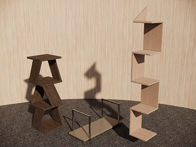 Three Wooden Etageres In Light And Dark Tones With Geometric Stacked Design On Carpeted Floor 3d model