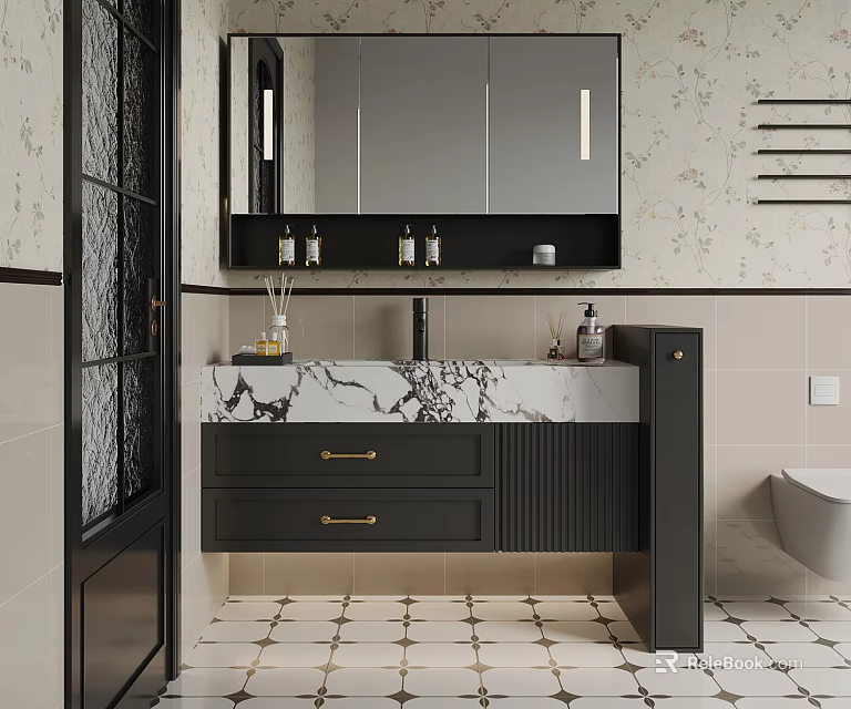 Modern Bathroom Interior With Marble Countertop Black Vanity Cabinets And Patterned Wallpaper 3d model 