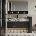 Modern Bathroom Interior With Marble Countertop Black Vanity Cabinets And Patterned Wallpaper 3d model