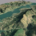 Aerial View of Scenic Mountain Lake with Surrounding Green Hills and Water Channels