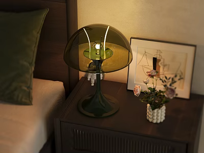 Modern Wooden Bedside Table With Green Glass Lamp White Vase Flowers And Photo Frame 3d model