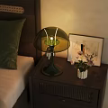 Modern Wooden Bedside Table With Green Glass Lamp White Vase Flowers And Photo Frame