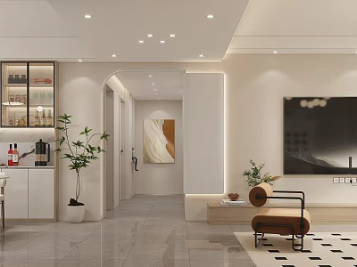 Modern Living And Dining Room Interior Design With Brown Chair Wall Artwork And Potted Plant 3d model