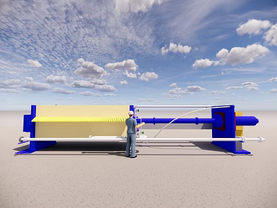 Large Scale Blue Yellow Industrial Equipment With Worker Operating Pipe Structure Under Blue Sky 3d model