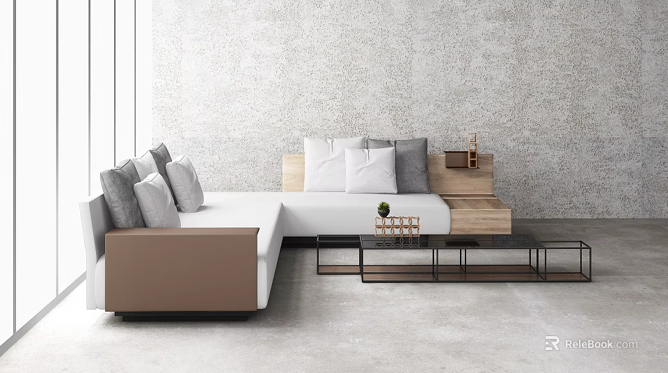 Modern Sectional Sofa Living Room With Gray White Cushions And Wooden Coffee Table 3d model 