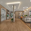 Modern Bank Customer Lounge With Front Desk Wooden Walls Sofas And Green Plants
