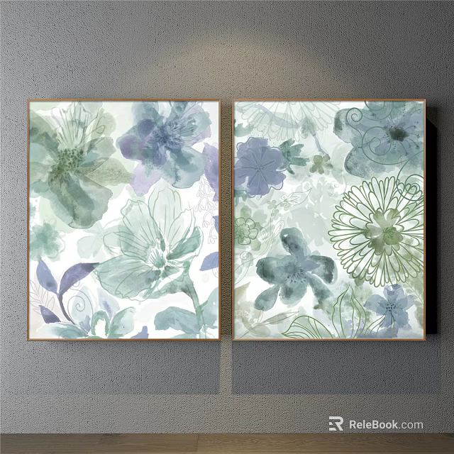 Watercolor Botanical Paintings With Soft Green Blue Purple Floral Patterns For Wall Decor 3d model 