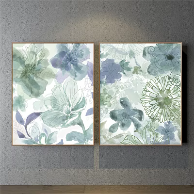 Watercolor Botanical Paintings With Soft Green Blue Purple Floral Patterns For Wall Decor 3d model