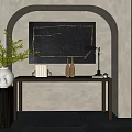 Wooden Console Table with Black Artwork White Vase and Table Lamp on Arched Beige Wall