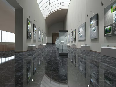 Cultural Center Interior With Exhibits Paintings Glass Display Cases Arched Ceiling And Skylights 3d model