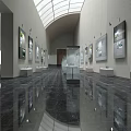 Cultural Center Interior With Exhibits Paintings Glass Display Cases Arched Ceiling And Skylights