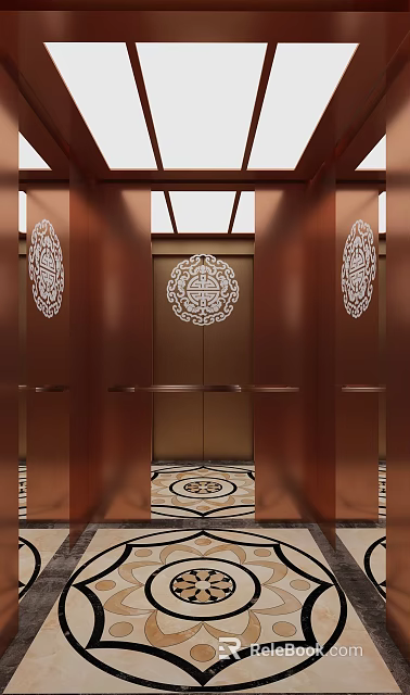 Elegant Copper Elevator Interior With White Circular Carved Patterns On Doors and Intricate Floor Design 3d model 