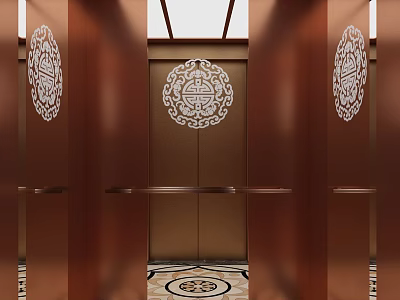 Elegant Copper Elevator Interior With White Circular Carved Patterns On Doors and Intricate Floor Design 3d model