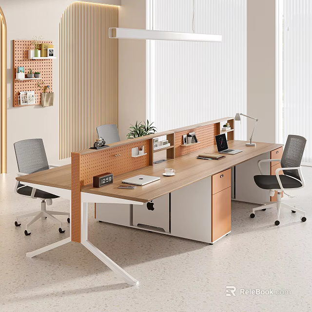 Modern Office Open Workspace With Partitioned Desks Wooden Desktop And Office Chairs Desk Lamps Notebooks 3d model 