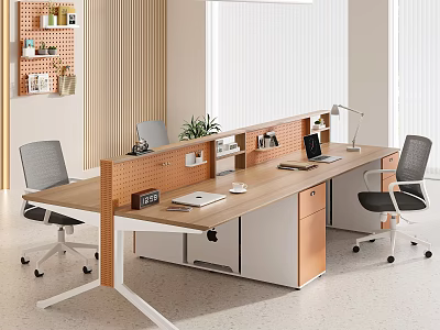Modern Office Open Workspace With Partitioned Desks Wooden Desktop And Office Chairs Desk Lamps Notebooks 3d model
