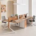 Modern Office Open Workspace With Partitioned Desks Wooden Desktop And Office Chairs Desk Lamps Notebooks