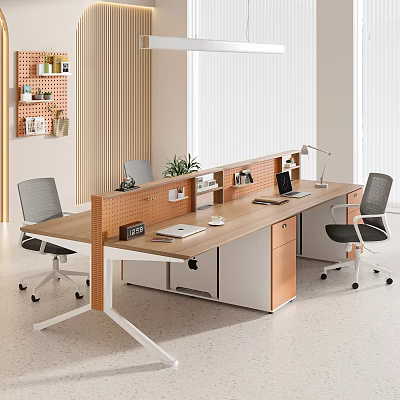 Modern Office Open Workspace With Partitioned Desks Wooden Desktop And Office Chairs Desk Lamps Notebooks 3d model