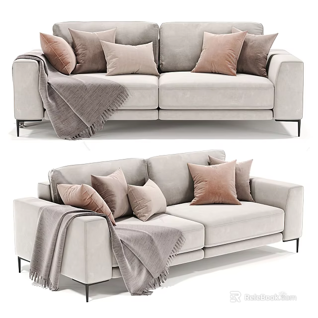 Elegant Two Seater Sofa Beige Upholstery With Taupe Pillows Gray Throw Blanket Black Metal Legs 3d model 