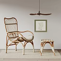 Natural Rattan Lounge Chair With Matching Small Stool Decorative Painting And Ceiling Fan
