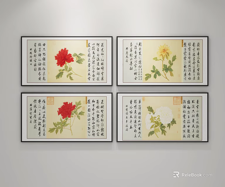 Chinese Painting Artworks With Peony Flowers And Calligraphy For Wall Decor 3d model 