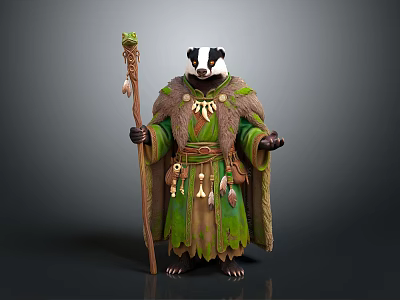 Fantasy Badger Character In Green Robe With Fur Trim And Decorated Staff 3d model