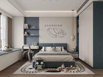 Modern Kids Room Interior Design With Bed Desk Bookshelf And Car Drawing On Wall 3d model