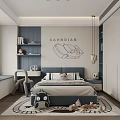Modern Kids Room Interior Design With Bed Desk Bookshelf And Car Drawing On Wall