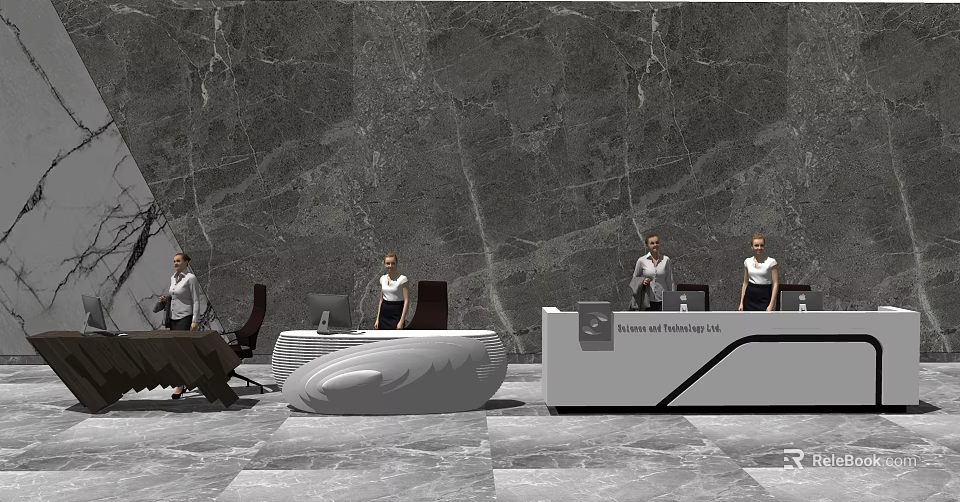 Modern Reception Desk With Business Consulting Inc Sign Marble Wall And Staff In Office Interior 3d model 