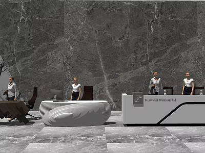 Modern Reception Desk With Business Consulting Inc Sign Marble Wall And Staff In Office Interior 3d model
