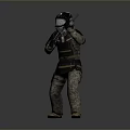 Game And Movie Character In Protective Suit With Helmet And Tactical Gun