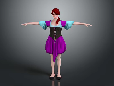 Red Haired Woman Wearing Purple Black Dress with Turquoise Sleeves and Black Corset 3d model