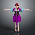 Red Haired Woman Wearing Purple Black Dress with Turquoise Sleeves and Black Corset