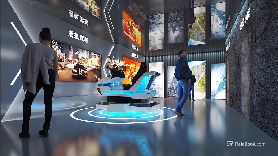 Exhibition Hall With Interactive Virtual Driving Seat Large Screens And People Walking 3d model 