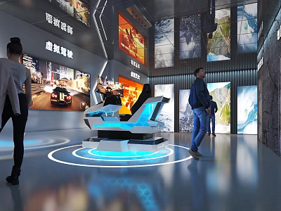 Exhibition Hall With Interactive Virtual Driving Seat Large Screens And People Walking 3d model