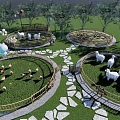 Park Landscape With Green Grass Stone Pathways White Sheep And Trees In Fenced Areas
