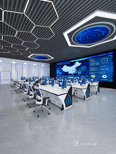 Modern Monitoring Control Room Featuring Multiple Computer Screens And Large China Map 3d model 
