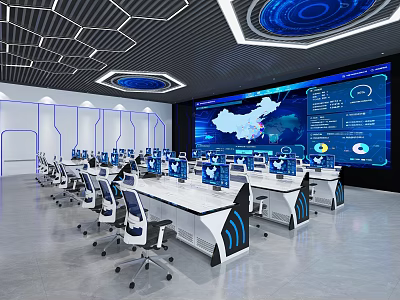 Modern Monitoring Control Room Featuring Multiple Computer Screens And Large China Map 3d model