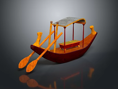 Traditional Wooden Water Transport with Curved Canopy Red Seat and Yellow Oars 3d model